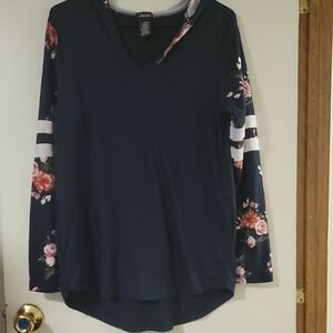 Justify Navy V-Neck Long Sleeve Top with Floral Sleeves and White Stripe Accents